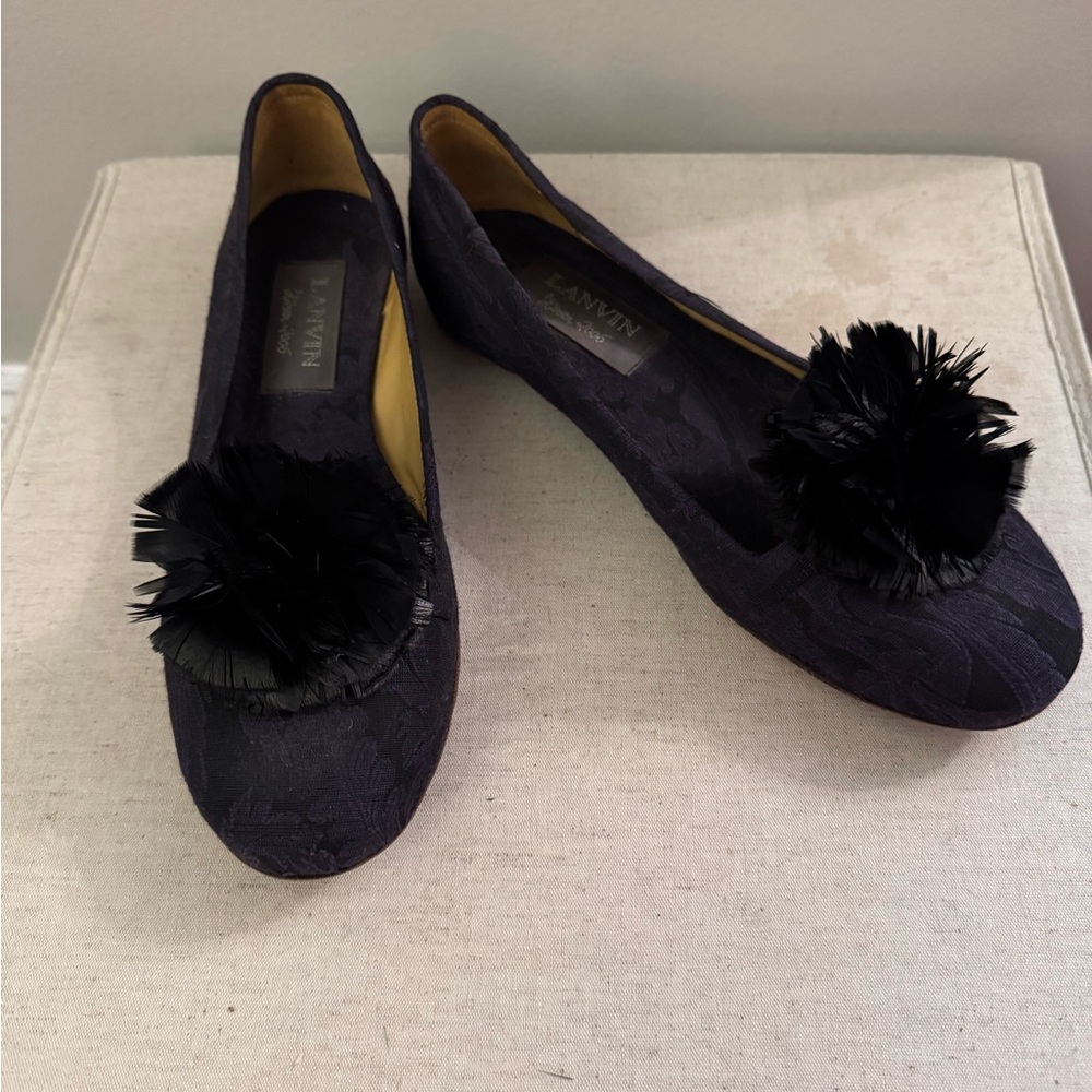 Lanvin Black Flats with Pom-Pom Accent
